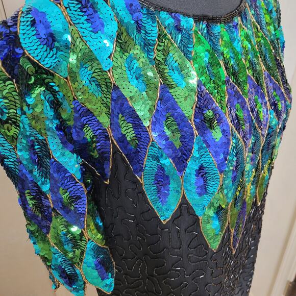 VTG Praise Hymn Fashions Pure Silk Sequin Beaded Green Blue Formal Blouse Top✨️M - Picture 15 of 16